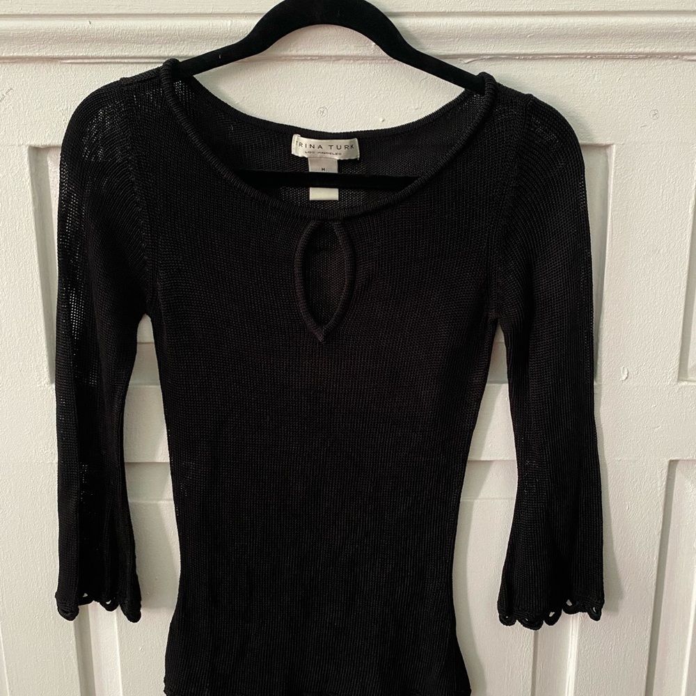 Trina Turk Black Sheer Knit Keyhole Long Sleeve Top Vintage - Picture 2 of 7